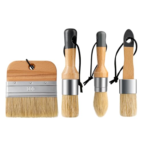Chalk Paint Brushes Set of 4, Wax Brushes, Flat Pointed and Round Brush with Natural Bristles for Chalk Paint and Wax, Perfect for Painting or Waxing Furniture, Ideal for Home Decor - size: 1 Flat + 3 Small Round, 4 Pack