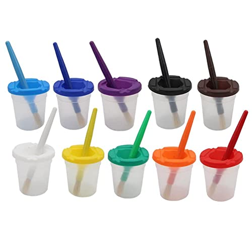 10 Piece Paint Brushes with Plastic Handles and 10 Piece Wash Cup with Colored Lids Preschool Art Supplies for Kids Art Class