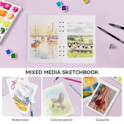 Lightwish Watercolor Paper Bulk Refillable, 100% Cotton Cold Press 300gsm/140lb, 2 Pack, Total 40 Sheets Hole-Punched Replaceable Paper for Artists, Adults, Students,6.69 * 3.94 Inches