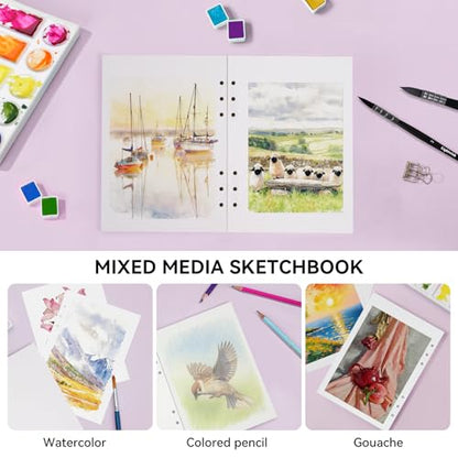 Lightwish Watercolor Paper Bulk Refillable, 100% Cotton Cold Press 300gsm/140lb, 2 Pack, Total 40 Sheets Hole-Punched Replaceable Paper for Artists, Adults, Students,6.69 * 3.94 Inches