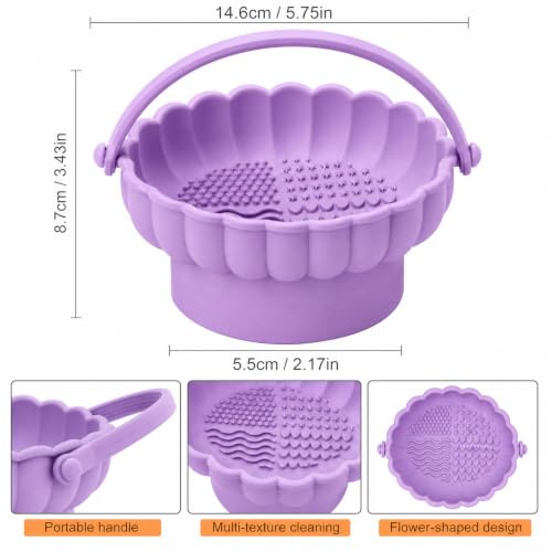 Pinkiou Makeup Brush Cleaner Mat, 3-in-1 Silicone Cosmetic Brushes Cleaning Bowl with Hanging Drying Mesh & Holder Organizer, Multi-Texture Wash Pad Tool for Sponges, Powder Puffs, Home and Travel - color: Purple