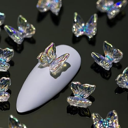 300Pcs Butterfly Nails Charms 3D Resin Elegant Butterfly Nail Rhinestones 3D Resin Aurora Butterflies Nail Gems and Charms Kawaii Nail Diamonds Butterfly Nails Jewels for Women Acrylic Nail Supplies - color: white