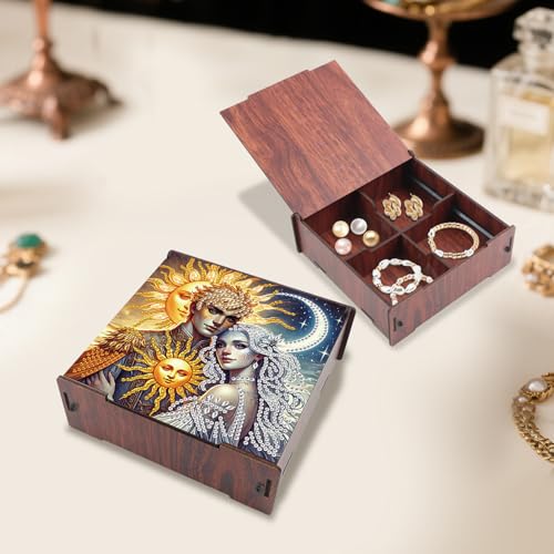DIY Diamond Art Storage Box, Sun & Moon Deity Design Wooden Diamond Painting Case with Flip-Top Lid and 4 Divided Compartments, Desktop Craft, Jewelry and Accessories Supplies Storage Container - color: Sun & Moon