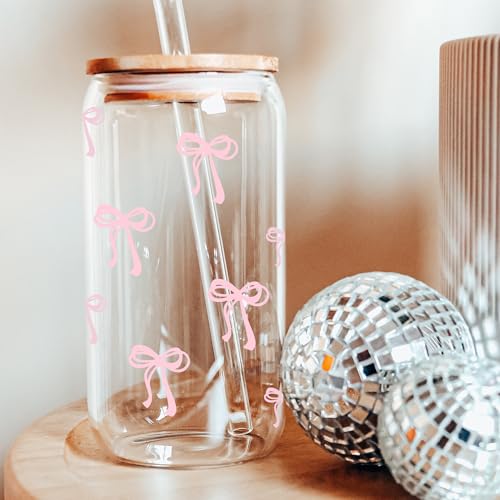 Coquette Cute Pink Bow Glass Cups with Lids and Straws, Aesthetic Iced Coffee Matcha Cup, Girly Preppy Design Tumbler Mug, Valentines Christmas Birthday Gifts for Women, Teen Girl Gifts Trendy Stuff - color: 01-Bow-Pink