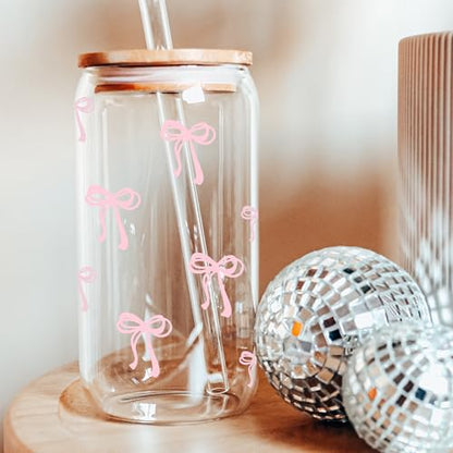 Coquette Cute Pink Bow Glass Cups with Lids and Straws, Aesthetic Iced Coffee Matcha Cup, Girly Preppy Design Tumbler Mug, Valentines Christmas Birthday Gifts for Women, Teen Girl Gifts Trendy Stuff - color: 01-Bow-Pink