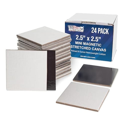 U.S. Art Supply Mini Magnetic Canvas Panels, 24 Pack, 2.5x2.5 Inch, Primed 8 Ounce Heavyweight Cotton, Small Canvases for Painting Acrylic and Watercolor, White Square Flat Canvas Boards - size: 2.5" x 2.5"
