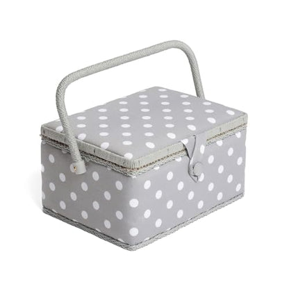 Hobby Gift Medium Sewing Box Organiser, Fabric Covered Storage Box with Handle, Internal Tray, Pin Cushion and Pocket for Sewing, Quilting and Knitting Supplies - color: Grey Spot