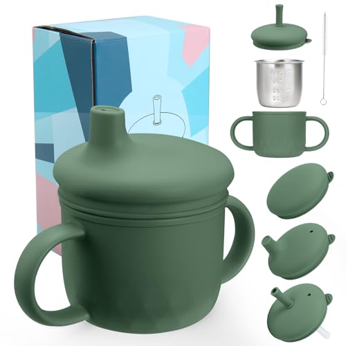 Mity rain Stainless Steel Sippy Cups for Toddlers1-3, Baby Straw Cups for 6+Month Old with Travel Lid, Silicone StrawReplacement Straw & Cleaning Brush-8oz Toddler Cups Spill Proof - color: olive drab