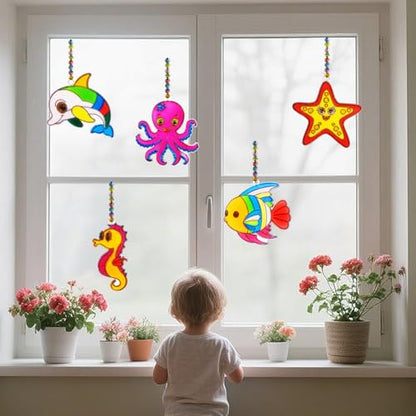Ayhuhra 30 Sets Ocean Animals Suncatcher Crafts Under The Sea Sun Catchers Kits DIY Summer Window Paint Art for Sea Theme Party Home Decor - style: Ocean
