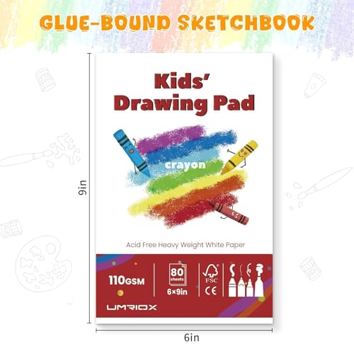 Umriox Drawing Pad for Kids, 6" x 9" Sketch Book, 2-Pack Sketch Pad (80 Sheets Each), 110gsm Acid-Free Drawing Paper, Glue-Bound Art Sketchbook for Kids' Classroom, Travel & School Art Supplies - size: 6" x 9"