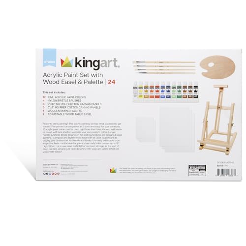 KINGART 21-Piece Artist Acrylic Painting Set with H-Frame Wooden Easel, 12 Vivid Acrylic Paint Colors, 6 Canvas Panels, 4 Brushes, Wood Palette - School, Students, Adults, Gift Giving
