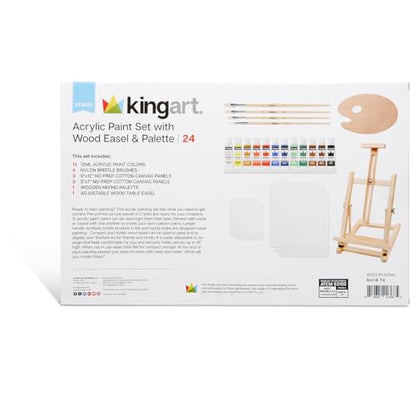 KINGART 21-Piece Artist Acrylic Painting Set with H-Frame Wooden Easel, 12 Vivid Acrylic Paint Colors, 6 Canvas Panels, 4 Brushes, Wood Palette - School, Students, Adults, Gift Giving