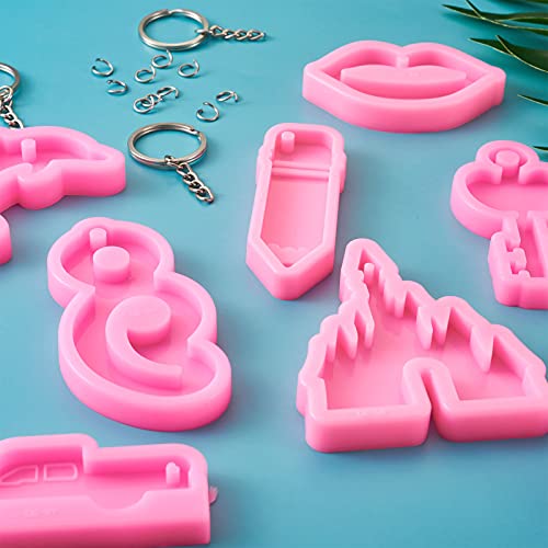 Craftdady 8pcs Keychain Pendant Silicone Molds Pencil Dolphin Lip Castle Key Charm Resin Casting Molds with Key Rings Jump Rings for Keychain Jewelry Craft Making - color: Pink Mixed Keychain Mold