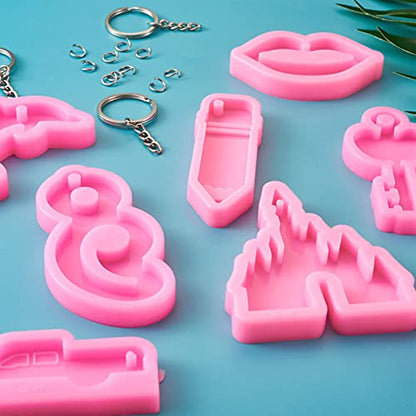 Craftdady 8pcs Keychain Pendant Silicone Molds Pencil Dolphin Lip Castle Key Charm Resin Casting Molds with Key Rings Jump Rings for Keychain Jewelry Craft Making - color: Pink Mixed Keychain Mold