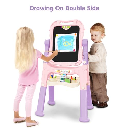 Kids Art Easel, Adjustable Drawing Whiteboard & Chalk Board, Double Sided Toddler Easel with Painting Accessories, Birthday Gift Toy for Little Girls Boy Age 2 3 4 5 (Pink) - color: Pink
