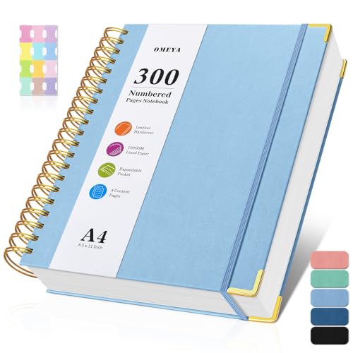 Spiral Notebook 8.5" x 11", 300 Numbered Pages Notebooks College Ruled with Tabs, Hardcover Leather Lined Journal for Women Men, 100GSM Thick Journals for Writing, Large A4 Notebooks for Work School - color: Light Blue, size: A4