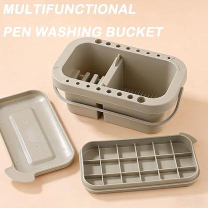 with Lid - 3-in-1 Organizer Includes Paint Palette & Water Cup, Portable Brush Storage & Cleaner Set for Acrylic/Oil Painting