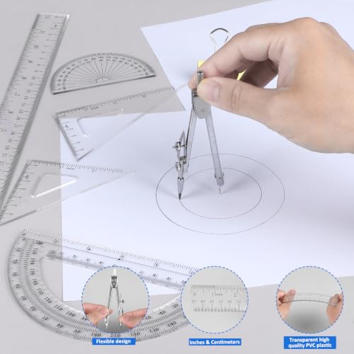 Coopay 7 Pcs Geometry Kit with Ruler, Triangle Ruler, Protractor and Compass Set | 12'' & 6'' Straight Rulers, 45°/60°Triangle Ruler, 6" & 4" Protractors, Compass, Geometry, Drafting, Math, School, Office - size: 7 Pcs Geometry Math Tool