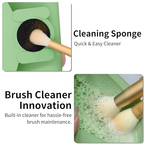 Travel Makeup Brush Holder with Cleaning Pad -Silicone Brush Organizer Case, Magnetic Closure Waterproof Cosmetic Bag for Easy Storage & On-the-Go Cleaning (9.05 Inch) - color: Green
