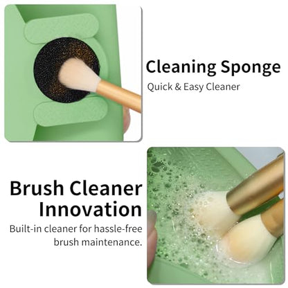 Travel Makeup Brush Holder with Cleaning Pad -Silicone Brush Organizer Case, Magnetic Closure Waterproof Cosmetic Bag for Easy Storage & On-the-Go Cleaning (9.05 Inch) - color: Green
