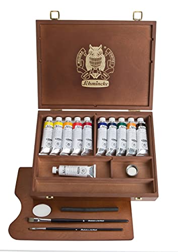 Schmincke - Norma® finest oil colors, premium wooden box, 11 x 35 ml set oil painting, 71 310 097, accessories: palette plug, drawing charcoal, 2 daVinci brushes.