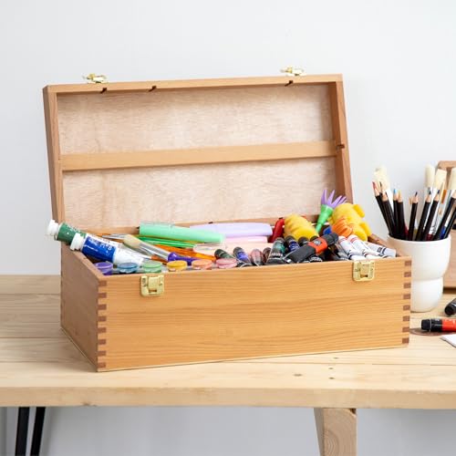 Falling in Art Large Art Supply Storage Box, Solid Beechwood Tool Box, Artist Storage Organizer with Drawer for Paintbrushes, Paints, and Pastels