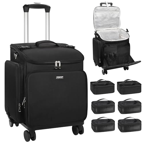 Relavel Rolling Makeup Case, Hair Tools Travel Bag Cosmetology Case on Wheels with 6 Clear Bags, Professional Hairstylist Bag Makeup Artist Storage Train Case Barber Organizer with 360° Spinner Wheels - color: Black with 6 clear bags