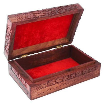 Ajuny Hand Carved Wooden Keepsake Box, Tree of Life Jewelry Box for Women | Acacia wood memory & trinket box, red velvet lined, 8x5 in. Decorative keepsake gift box for jewelry, watches, treasures