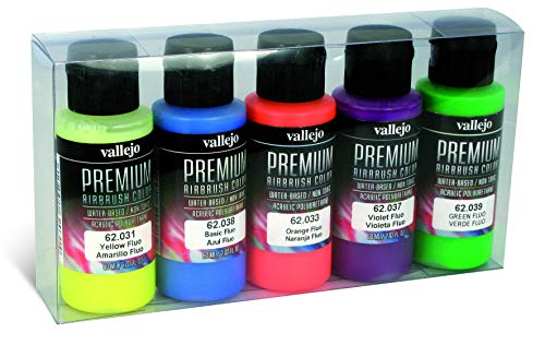 Vallejo - Premium Color Set Fluorescent Colors | Water-Based Multi-Surface Pigments | High-Visibility UV Reactive Colors | Acrylic Professional Airbrushing Kit | 5 Bottles x 60 ml. (2.02 fl.oz.) - style: Fluorescent