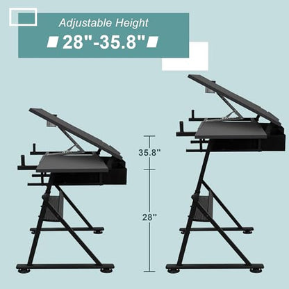 ZENY Adjustable Drafting Table with Stool, Tilting Drawing Desk Artist Table with Storage Drawers, Art Craft Workstation for Home Office Reading, Writing, Crafting - color: Black