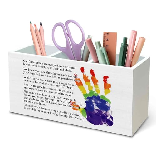 DILSJ Teacher Graduation Gifts Pen Pencil Holder Organizer for Desk, Appreciation Teacher Gifts, Retirement Gift Wooden Box Signs for Woman Mentor Office & School Supplies - color: Handprint