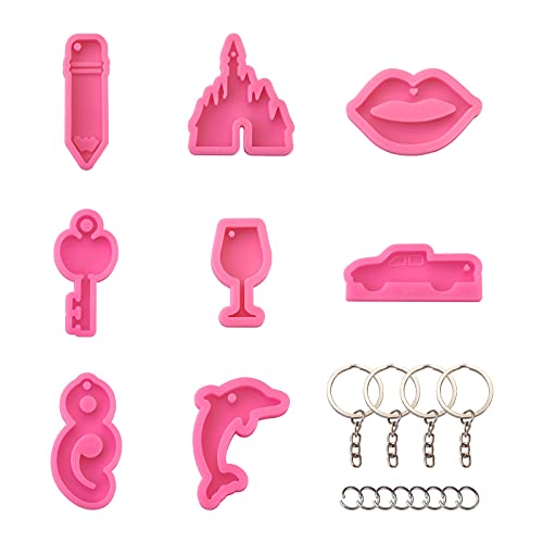 Craftdady 8pcs Keychain Pendant Silicone Molds Pencil Dolphin Lip Castle Key Charm Resin Casting Molds with Key Rings Jump Rings for Keychain Jewelry Craft Making - color: Pink Mixed Keychain Mold