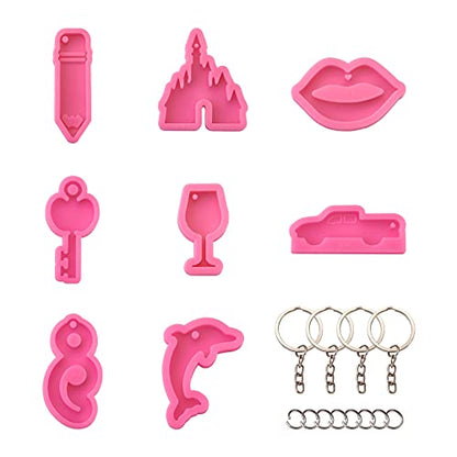 Craftdady 8pcs Keychain Pendant Silicone Molds Pencil Dolphin Lip Castle Key Charm Resin Casting Molds with Key Rings Jump Rings for Keychain Jewelry Craft Making - color: Pink Mixed Keychain Mold