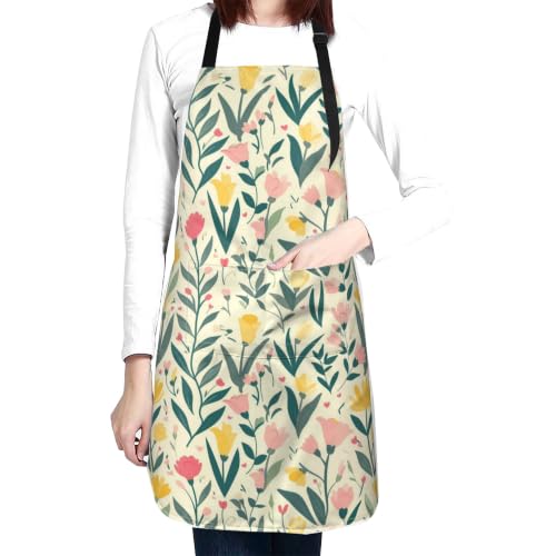 Cream Pastel Wildflower Art Waterproof Apron with Pockets | Garden Aprons for Men Women Adjustable Bib Apron for Cooking Kitchen Baking BBQ Painting Housework Oil Resistant - color: Cream Pastel Wildflower Art