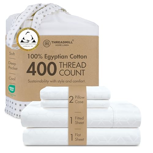 Threadmill Egyptian Cotton Full Size Sheet Set | 100% Certified Egyptian Cotton Sheets for Full Size Bed | Full Bed Sheets Set 16" Deep Pocket | Soft Damask Jacquard 4 Pc Cooling Bedding Set | White - color: Bright White Cadence, size: Full