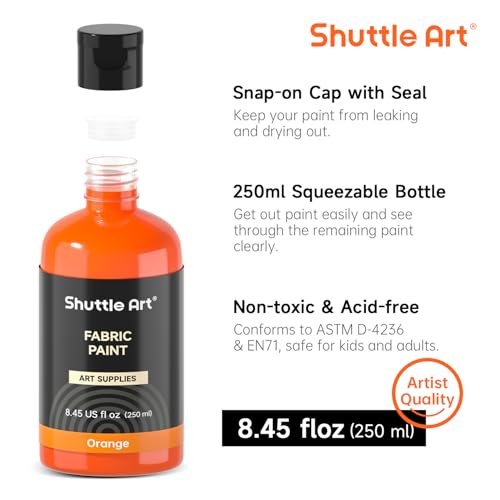 Shuttle Art 18 Colors Fabric Paint, 250ml/8.45oz, Permanent Soft Fabric Paint in Bottles with Brushes, Palette, Stencils, Non-Toxic Textile Paint for T-Shirts, Shoes, Jeans, Bags, DIY Projects&Art
