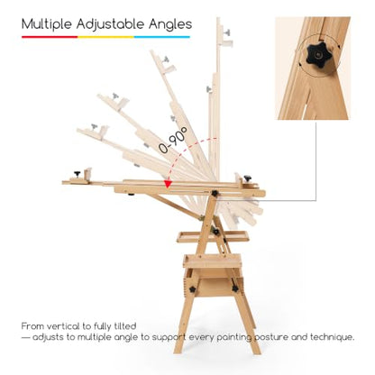 MEEDEN Painting Easel with Storage: H-Frame Beech Wood Art Easel for Adults, Artists, Students, Beginners - Adjustable 50"-80" H, Holds Canvas Up to 47 Inches - color: Natural