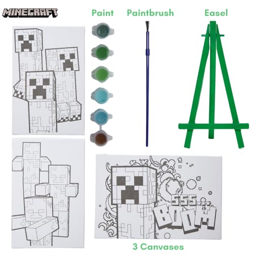 Innovative Designs Minecraft Canvas Paint Set for Kids with 3 Canvases, Acrylic Paint, Paintbrush, & Easel - color: Minecraft