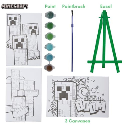 Innovative Designs Minecraft Canvas Paint Set for Kids with 3 Canvases, Acrylic Paint, Paintbrush, & Easel - color: Minecraft