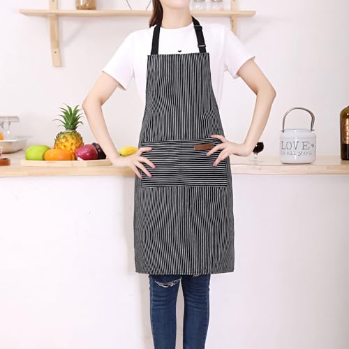 Tosewever 2 Pieces Kitchen Cooking Aprons, Cotton Polyester Blend Adjustable Bib Aprons with 2 Pockets for Women Men Chef Chef (Navy/Black Stripes, 2) - color: Navy/Black Stripes