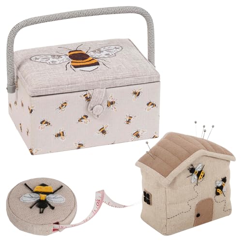 Hobby Gift Bee Sewing Gift Set with Fabric Sewing Box, Matching Pin Cushion and Tape Measure – Coordinated Sewing Accessories Bundle - color: Bee