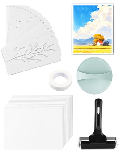 UCEC 5 x 7 Inch Gel Printing Plate Kit, Compact Gel Plate Set with Brayer Roller, Baren Tool, Plant Stencils & A5 Cardstock Paper, Printmaking for Mixed Media Art, Monoprinting, Card Making, 32 Pack - color: Clear-Gel Printing Kit 5×7 Full Set
