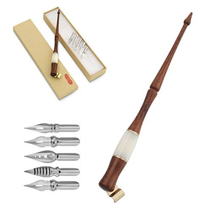 Yoption Wood Calligraphy Oblique Dip Pen Holder Set, Removable Nib Pen Handle Stand with 5 Flat Nibs Kit - color: Dip Pen+5pcs Nibs