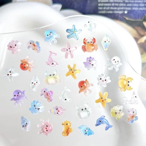 200Pcs Ocean Mini Resin Nail Art Charms Tiny Sea Animal Nail Rhinestones Shell Octopus Starfish Crab Nail Charm Cute Ombre Seahorse Nail Diamond 3D Colorful Summer Nail Supplies for Beach DIY Manicure - color: yellow