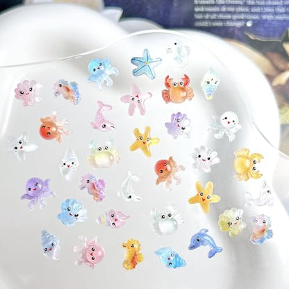 200Pcs Ocean Mini Resin Nail Art Charms Tiny Sea Animal Nail Rhinestones Shell Octopus Starfish Crab Nail Charm Cute Ombre Seahorse Nail Diamond 3D Colorful Summer Nail Supplies for Beach DIY Manicure - color: yellow