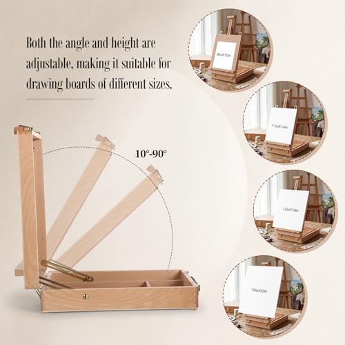 Maitys Tabletop Easel for Painting Set Portable Adjustable Wooden Sketchbox Tabletop Art Easel Stand Palette Brushes Tape Kneaded Eraser for Beginners Painting Sketching Travel