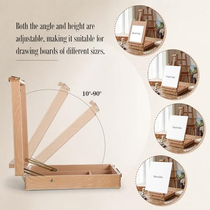 Maitys Tabletop Easel for Painting Set Portable Adjustable Wooden Sketchbox Tabletop Art Easel Stand Palette Brushes Tape Kneaded Eraser for Beginners Painting Sketching Travel