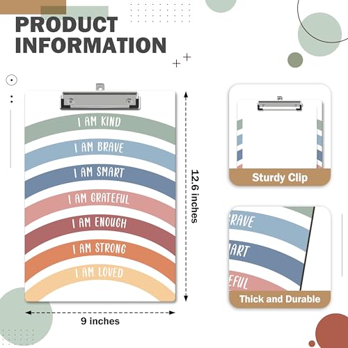 Rainbow Clipboard, Affirmation ClipBoards with Low Profile Clip for Toddler Kids Students, Motivational ClipBoards Suitable for School Office, 12.6 x 9 Inch Size - C10 - style: I Am Kind