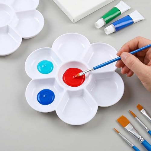2 Pack White Watercolor Palette, 7 Well Plastic Paint Palette Tray 6.7 Inch Round Watercolor Painting Tray Non-Stick Professional Artist-Grade Mixing Palette for Gouache, Oil, Art Supplies
