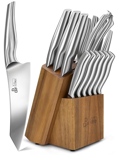 DDF iohEF Kitchen Knife Set with Block, 16 PCS Knife Sets for Kitchen with Block Japanese Stainless Steel, Ultra Sharp Chef Knife Set with Sharpener - color: 16PCS Kitchen Knives